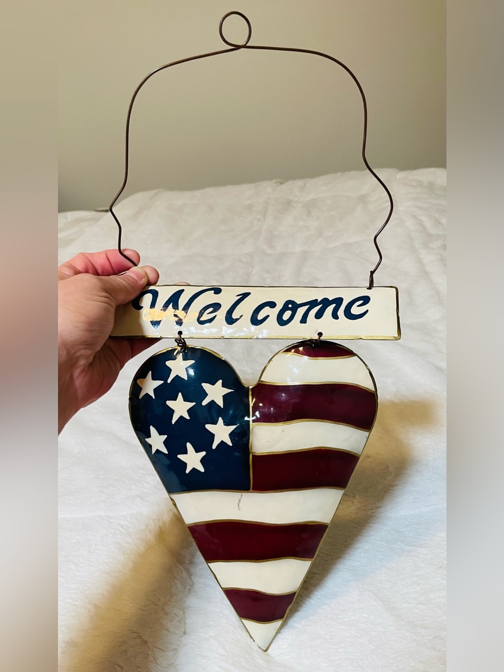 Vintage Americana Welcome Heart American Flag Metal Wall Hanging